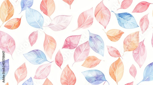 Hand-drawn seamless pattern featuring watercolor leaves in pastel colors, perfect for a serene and botanical look