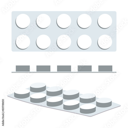 Packaging of tablets in three angles. Top view, side view. Flat vector illustration, eps10