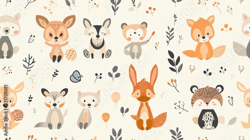 Hand-drawn seamless pattern with cute cartoon animals holding toys  showcasing a sweet and imaginative children s theme
