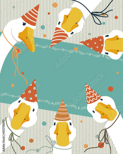 Geese in festive caps. Poster with background for text. Vintage poster with birds. Flat vector illustration.