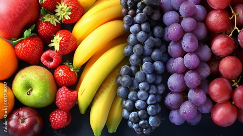 Fototapeta Naklejka Na Ścianę i Meble -  Vibrant fresh fruits displayed on table  top view of colorful and nutritious selection