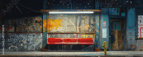 Urban bus stop at night, covered in graffiti. Illuminated by street light with empty red benches. Industrial background adds to the gritty appeal.