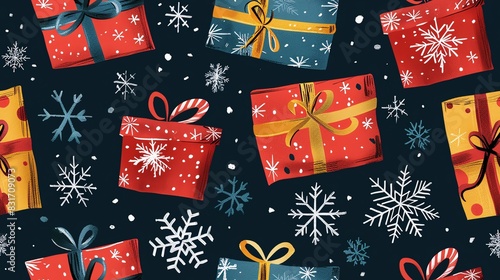 Wallpaper Mural Seamless pattern of hand-drawn Christmas presents and snowflakes, showcasing a playful and festive holiday style Torontodigital.ca