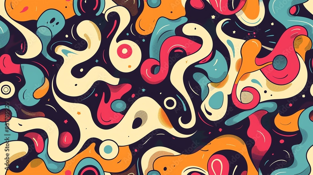 Seamless pattern of retro 60s hand-drawn abstract shapes and psychedelic swirls in bright colors, emphasizing a playful and nostalgic style