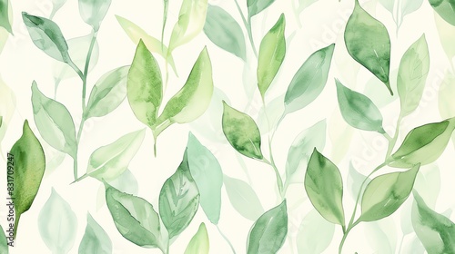 Seamless pattern of watercolor hand-drawn leaves in various shades of green, creating a soft and natural design