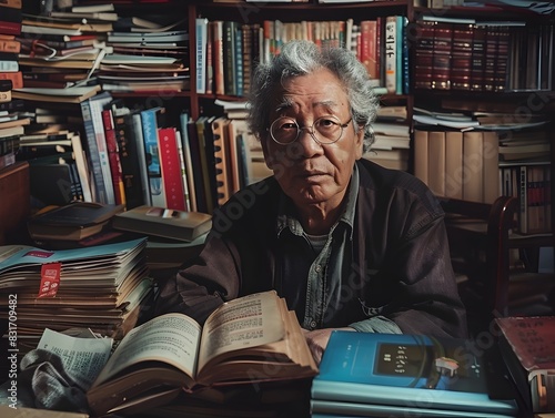 Devoted Teacher Surrounded by Books and Educational Materials Portrait Radiating Warmth and Deep Commitment to Knowledge Sharing