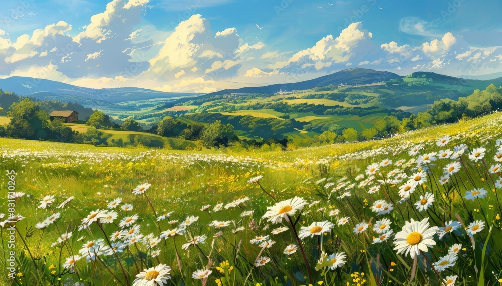 picturesque spring countryside with a lush meadow of blooming daisies and rolling hills digital painting
