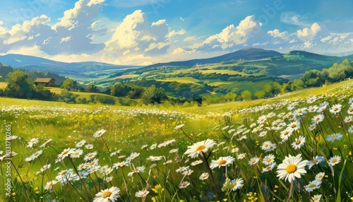 picturesque spring countryside with a lush meadow of blooming daisies and rolling hills digital painting