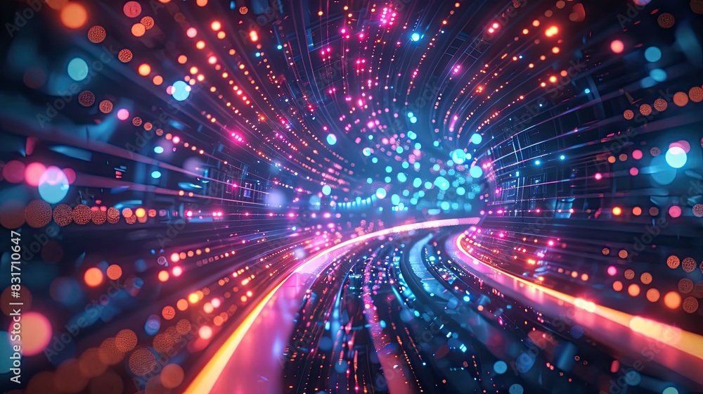 Futuristic Neon Tunnel with Vibrant Lights and Dynamic Motion - Stock Photo Futuristic Neon Tunnel with Vibrant Lights and Dynamic Motion - Stock Photo