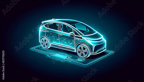 Holographic illustration of a side view of an electric vehicle with detailed contours