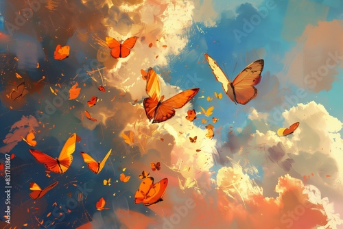 orange butterfly fly in the sky a lot of butterflies