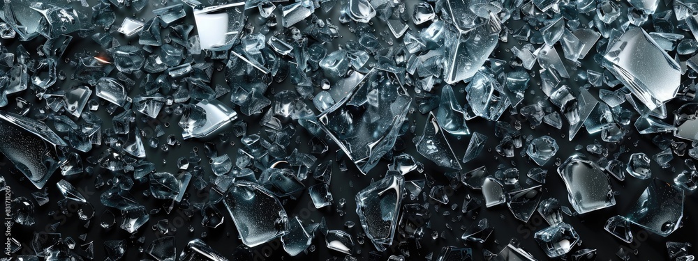 Shattered Glass Spread Across Surface Broken Transparent Pieces and Sharp Edges Shattered Glass Spread Across Surface Broken Transparent Pieces and Sharp Edges