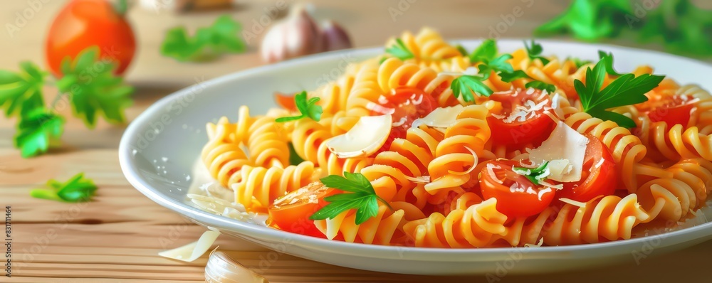 rotini pasta banner flavoured with fresh parmesan cheese, tomatoes, parsley and others healthy ingredients, professional setting rotini pasta banner flavoured with fresh parmesan cheese, tomatoes, parsley and others healthy ingredients, professional setting