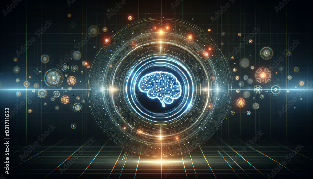 Obraz premium Holographic illustration of an AI brain surrounded by floating digital rings