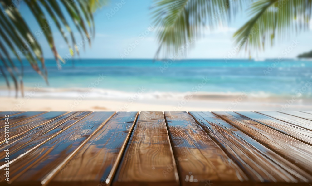 wooden table in the lower foreground with a blurred tropical beach scene in the background wooden table in the lower foreground with a blurred tropical beach scene in the background