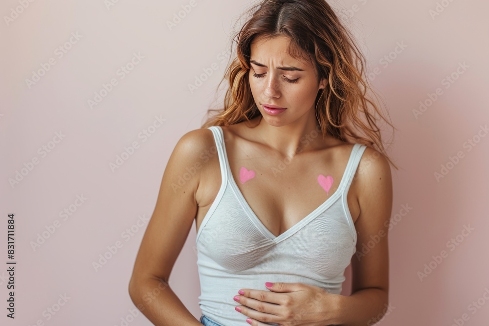 young caucasian woman palpating her neck young caucasian woman palpating her neck