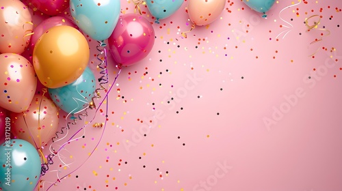 Carnival Atmosphere Balloons and Streamers Adorning a Minimalist Pink Background photo