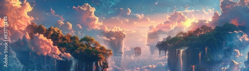 A fantastical landscape with floating islands and vibrant clouds. photo