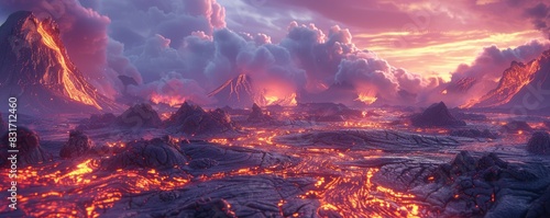 Fiery landscape with glowing clouds and a volcanic eruption. photo