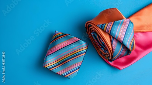 A luxury gift set with a silk tie and pocket square, placed on a bright electric blue background.