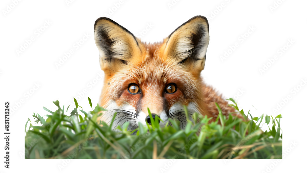 Fototapeta premium Fox behind grass isolated on a transparent background, PNG, Ai