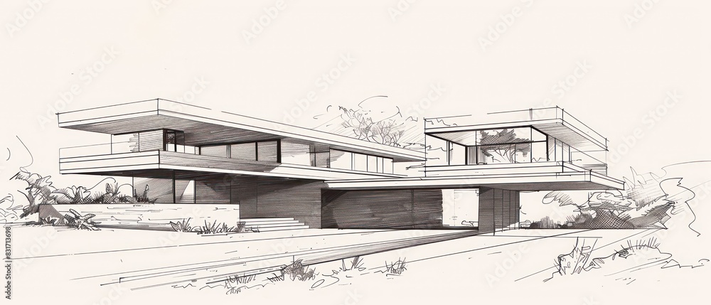 beautiful sketch illustration of modern, contemporary and minimal architecture beautiful sketch illustration of modern, contemporary and minimal architecture