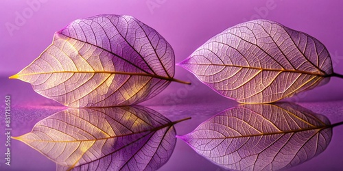 Elegant White Transparent Leafs on Mirror Surface with Reflection