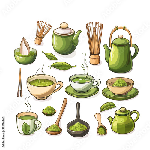 A still life arrangement of teaware with green tea leaves scattered around