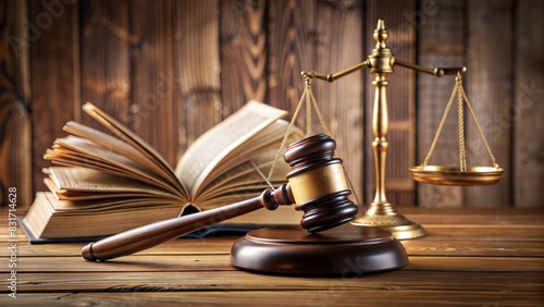 A wooden gavel and scales of justice symbolize legal authority in a courtroom