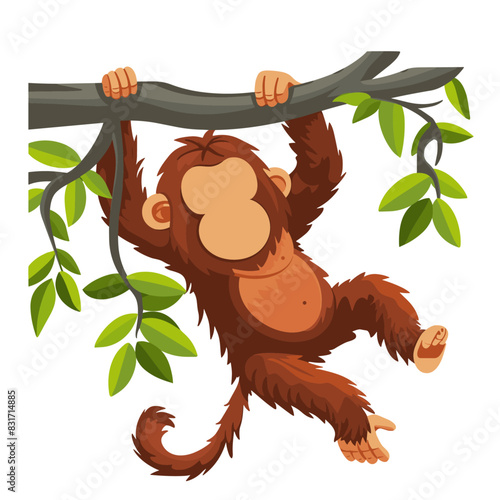 illustration of an orangutan hanging from a tree branch