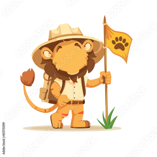 majestic lion with a flowing mane, grasping a flag