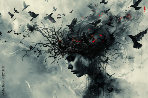 haunting beauty with a crown of thorns, surrounded by ravens and storm clouds, surreal, gothic theme