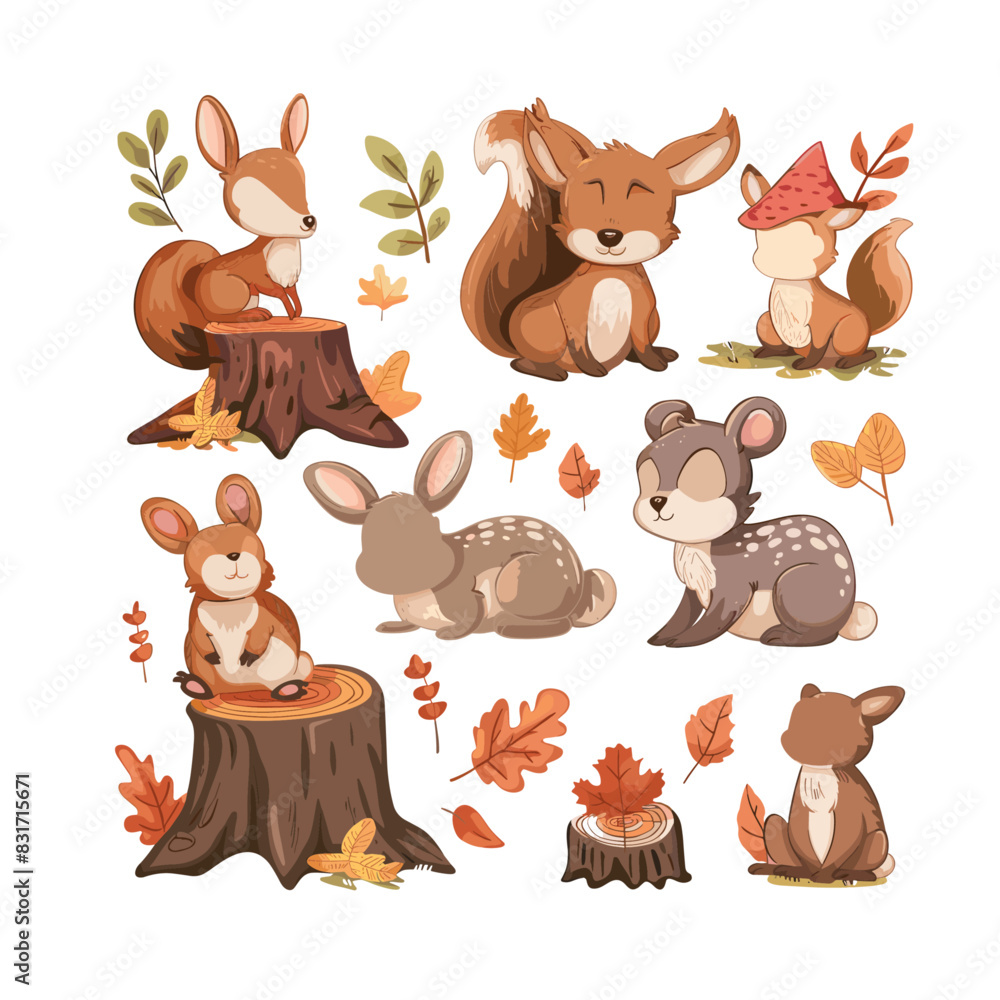 Fototapeta premium group of friendly forest animals gathering on a tree stump