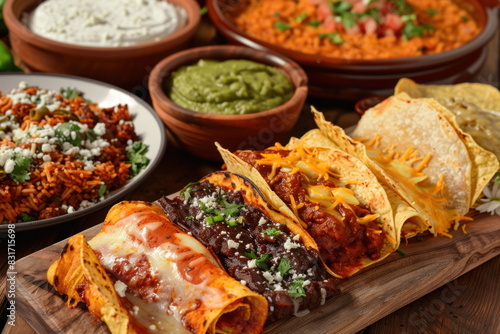 Mexican food on wood background, tacos,quesadillas,enchiladas,chiles en nogada,pozole,tortas,tamales