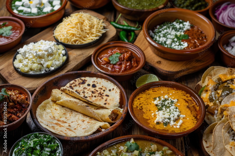 Mexican food on wood background, tacos,quesadillas,enchiladas,chiles en nogada,pozole,tortas,tamales Mexican food on wood background, tacos,quesadillas,enchiladas,chiles en nogada,pozole,tortas,tamales
