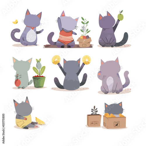 collection of colorful houseplants with butterflies and curious cats