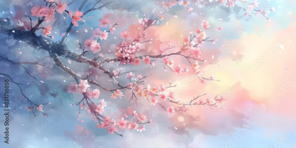 Delicate cherry blossom branch with pink flowers against a soft pastel sky creating a serene and dreamy springtime scene
Delicate cherry blossom branch with pink flowers against a soft pastel sky creating a serene and dreamy springtime scene