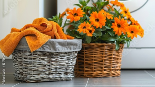 Washing colorful clothes in the laundry room or at home. Using a washing machine and a basket for dirty or clean colored clothes.