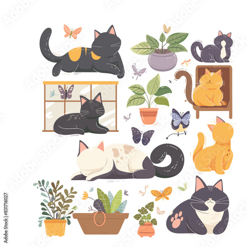 bright indoor scene with potted plants, butterflies, and playful cats