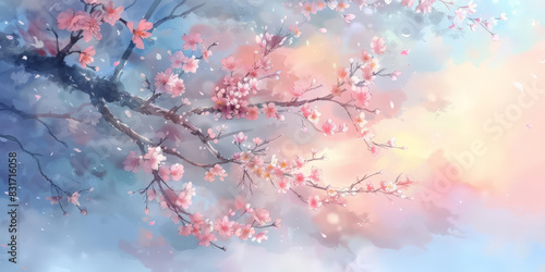 Delicate cherry blossom branch with pink flowers against a soft pastel sky creating a serene and dreamy springtime scene
