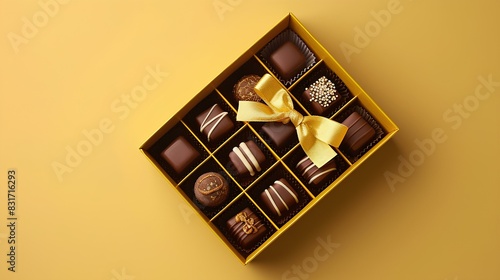 A stylish gift box with gourmet chocolates and a bow, displayed on a bright lemon yellow background. © Photos Hub