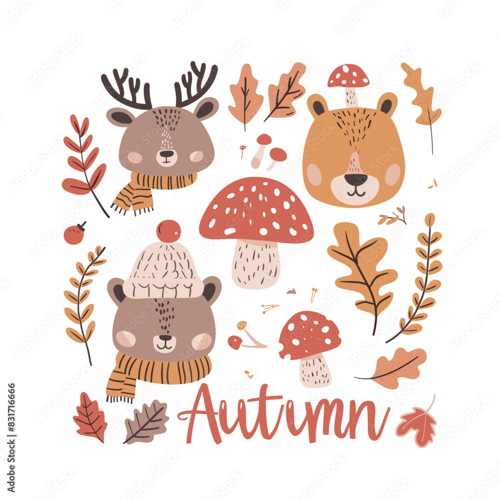 Fototapeta premium colorful illustration of a fall forest with animals and mushrooms