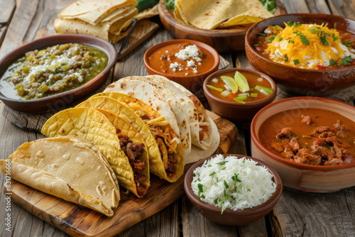 Mexican food on wood background, tacos,quesadillas,enchiladas,chiles en nogada,pozole,tortas,tamales