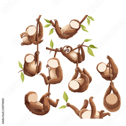 Several sloths hanging lazily from a tree branch in a lush rainforest