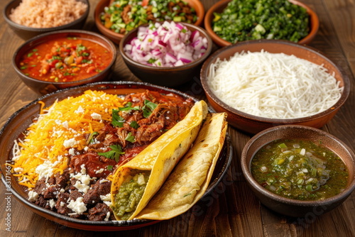 Mexican food on wood background, tacos,quesadillas,enchiladas,chiles en nogada,pozole,tortas,tamales
