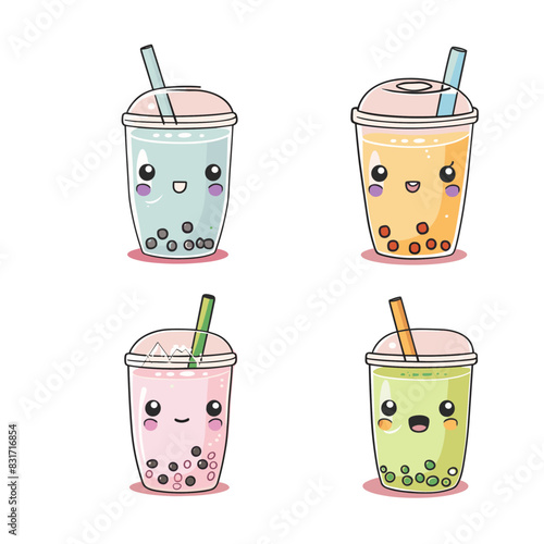 Delicious bubble tea drinks with strawberries and tapioca pearls for a cool beverage