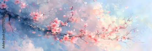 Delicate cherry blossom branch with pink flowers against a soft pastel sky creating a serene and dreamy springtime scene
