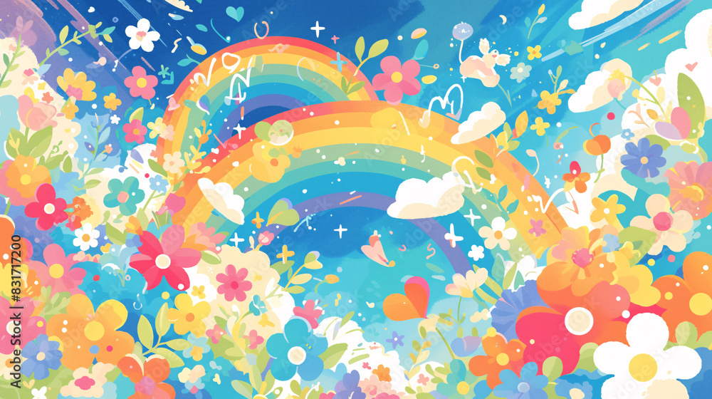 Abstract background filled with child-like drawings of rainbows, clouds, and flowers, creating a cheerful and inviting atmosphere. Abstract background filled with child-like drawings of rainbows, clouds, and flowers, creating a cheerful and inviting atmosphere.