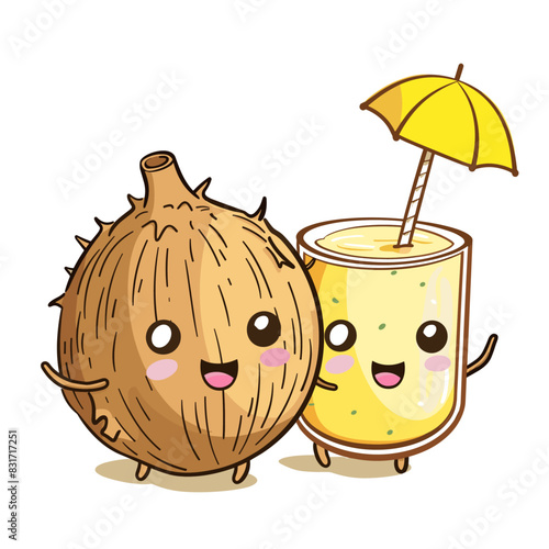 cartoon scene featuring a coconut and a smoothie