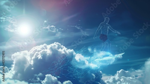 A person surfing on a cloud representing the smooth and seamless integration of different systems and applications in a cloudbased data management environment.